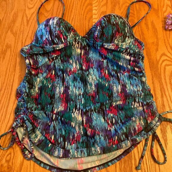 Assets By Spanx Blue and Red One Piece Swimsuit with Ruffled Skirt - Picture 3 of 7